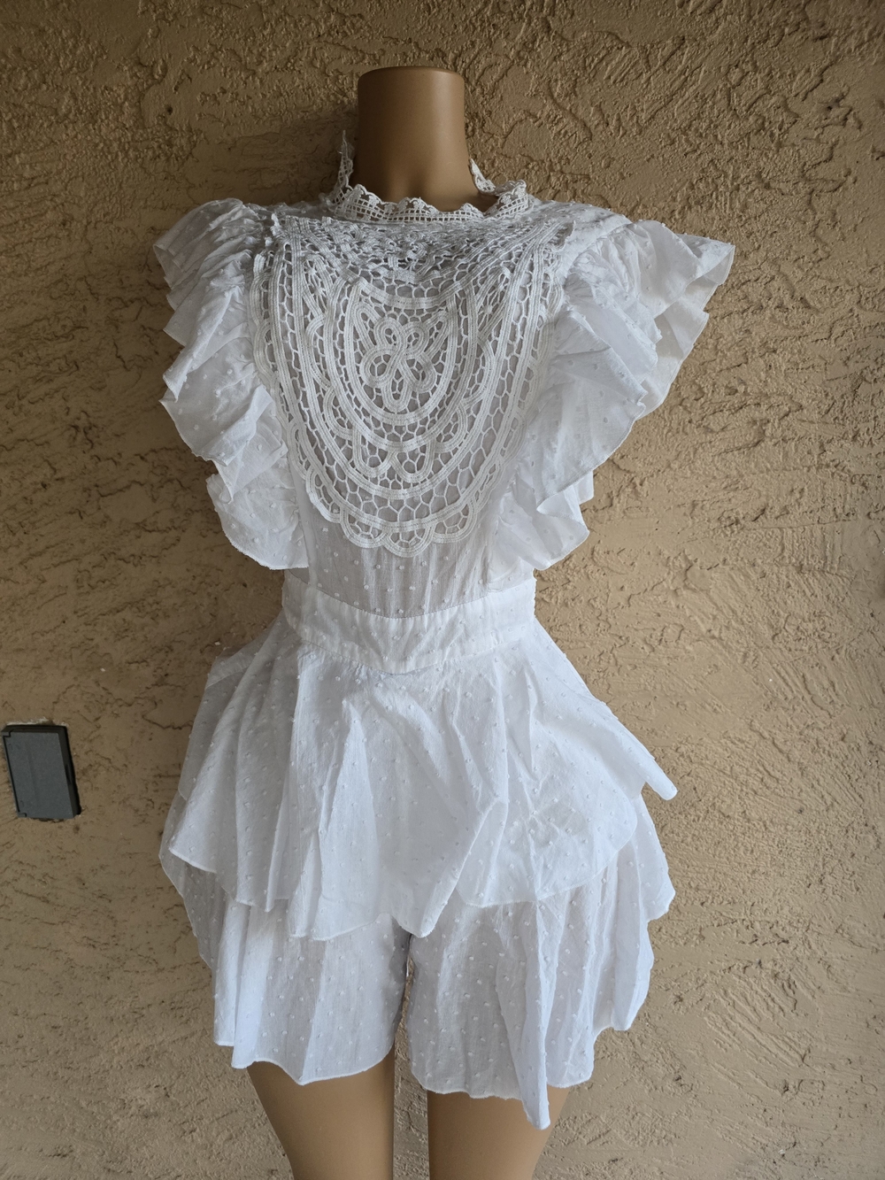 Women's White Crochet Bib Ruffle Blouse